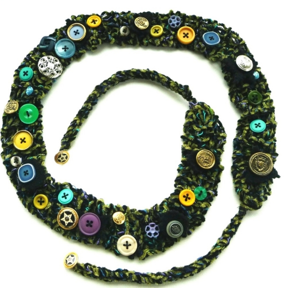 Belt/Scarf Necktie Headband Hand Knit Black Green Vintage Buttons OOAK